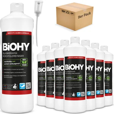 Produktbild von BiOHY Glaskeramik Kochfeldreiniger (9x1l Flasche) + Dosierer | Optimal zur Reinigung und Pflege von Kochfeld und Induktion | Geeignet für ALLE GERÄTE