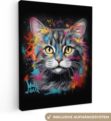 Produktbild von Leinwandbilder 30x40 cm - Graffiti - Katze - Tiere - Farben - Grau, Bilder Wohnzimmer Modern, Wanddeko