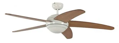 A white ceiling fan with wooden blades is shown against a white background.