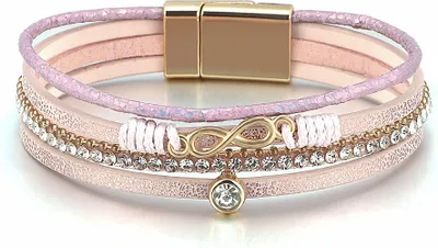 Produktbild von Boho-Armband für Damen - rosa mit goldenem Unendlichkeitssymbol