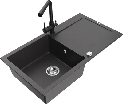 Produktbild von Mexen Leo 1 Becken-Granitspüle mit Abtropffläche und Mischbatterie Duero, Schwarz gesprenkelt - 6501-76-671600-70