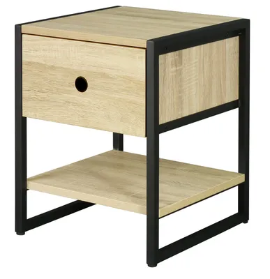 Produktbild von Nightstand Nachttisch Schwarz/Eiche, Beistellschrank mit Schublade und Ablageboden, Industrial Design