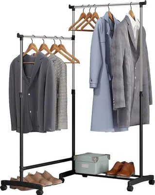 Produktbild von Kleiderständer mit Rollen und Schuhregal - Höhenverstellbar - 2 Kleiderbügel - L-förmig oder Rechteck - Schrank für Wäsche & Schuhe - Ideal für Wohnzimmer, Schlafzimmer oder Flur - 161x155x41 cm