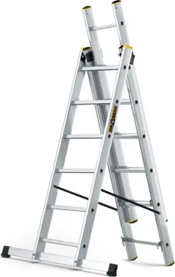 A silver, multi-purpose ladder is shown against a white background.