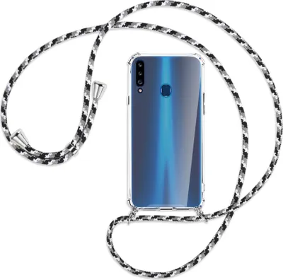 Produktbild von Handykette Backcover-Schutzhülle mit Band (Metall silberfarben) für Samsung Galaxy A20s - schwarz/grau/weiß