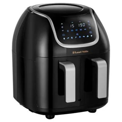 A black Russell Hobbs SatisFry Air Dual Basket air fryer is shown from a front-facing angle against a white background.