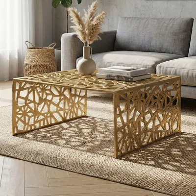 Produktbild von FineBuy Couchtisch Aluminium Gold 60cm Quadratischer Sofatisch Metall Wohnzimmertisch Alu Muster Tisch Loungetisch Beistelltisch Handmade