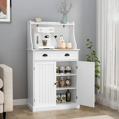Image de Armoire de cuisine, meuble micro-ondes, armoire multifonctionnelle, blanche, avec étagère réglable, dimensions : 40 x 76 x 137 cm