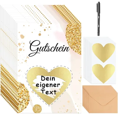 Produktbild von Geschenkgutschein-Set mit 15 Stück – Inklusive Umschläge – Herzförmige Aufkleber – Stift – Für Geburtstage/Weihnachten – Papier – Gutscheine