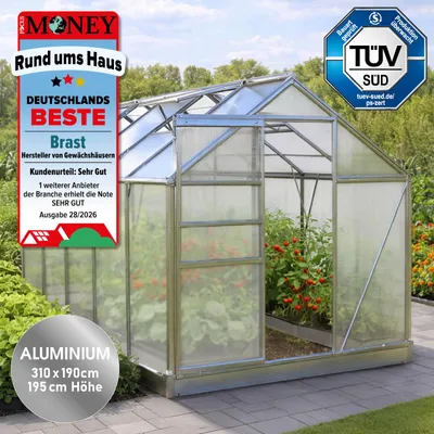 Produktbild von BRAST Gewächshaus Aluminium mit Fundament | 310x190x195cm | 6mm Hohlkammerplatten | rostfrei wetterfest temperaturbeständig | Silber