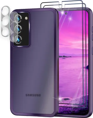 A purple phone case and screen protectors are displayed.