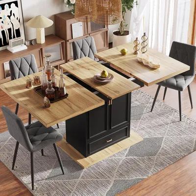 Image de MODFU Table à Manger Extensible - Table de Cuisine avec Plateau Bois Naturel, Deux Portes, Tiroir et Étagères Ajustables 110-140x80x75 cm, Naturel