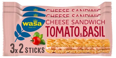 Produktbild von Wasa Knäckebrot Sandwich Käse, Tomate & Basilikum, Multipack 8 x 120 g, Knäckebrot-Snack für unterwegs