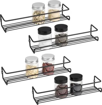 Produktbild von Unyqoos® Gewürzregal 4er-Set – wandmontierter Kräuter-Organizer, schwarz, einlagig, mit selbstklebenden Haken & Schrauben für Küche & Vorratsschrank