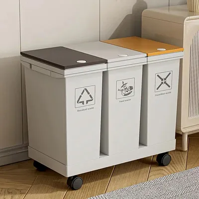 Image de Poubelle de cuisine - Système de tri des déchets - Volume de 60 litres - 3 compartiments - Séparation des déchets secs et humides - Plastique résistant aux odeurs