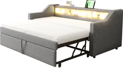 Produktbild von MODFU Ausziehbares Schlafsofa Tagesbett 90/180 x 190 cm, Polsterbett Daybett Kinderbett mit Multifunktionales Staufach, LED-Licht und USB-Buchse, Hellgrau(Ohne Matratze)