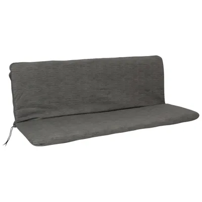 A dark gray bench cushion is shown against a white background.