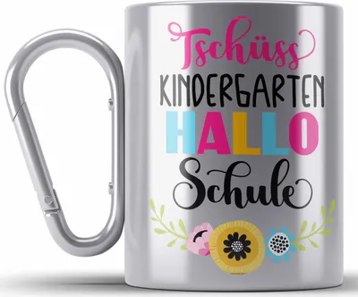 Produktbild von Trendation - Tschüss Kindergarten Hallo Schule Mädchen 2022 Geschenk Edelstahl Tasse Karabiner Schulstart 1. Schultag Schuleinführung Schulanfang Geschenkidee 2022 Schulkind Ich Glitzer Jetzt In Der Schule (Silber)