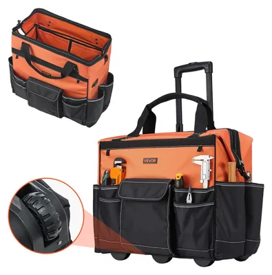 Image de Sac à outils VEVOR avec roulettes, capacité de charge 50 kg, 27 poches, sac à dos de travail avec poignée télescopique réglable & pied stable, organisateur de poches à outils pour le bâtiment, la mécanique, 510x310x450 mm