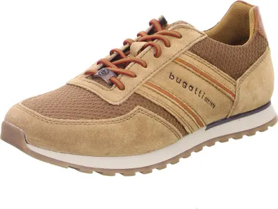 A single brown Bugatti sneaker is shown against a white background.