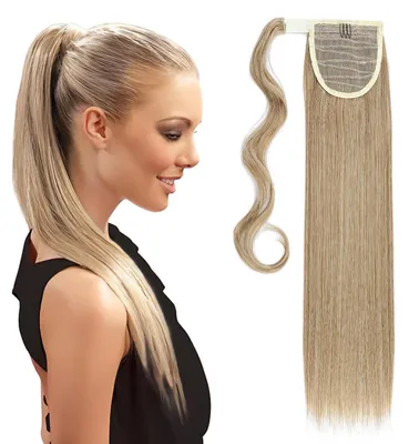 Productafbeelding van Paardenstaartverlenging, clip-in, synthetisch haar, vlecht, 58 cm, glad, licht asbruin met bleekblonde highlights