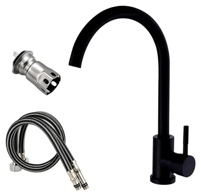 Produktbild von Küchenwasserhahn Schwarz aus Edelstahl, Küchenarmatur mit 60 cm Zulaufschlauch, Mischbatterie, 360° drehbar, Einhebelmischer, Spültischarmatur, G3/8 Anschluss