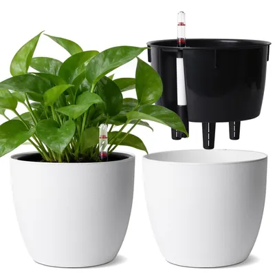 Image de Deux pots d'auto-arrosage de 15 cm de diamètre, avec indicateur de niveau d'eau, de couleur blanche, en plastique PP, pour intérieur et extérieur