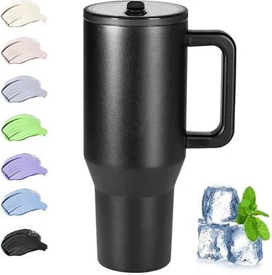 Obrázok produktu pre Unyqoos® termoobal na nápoje, 1200 ml – dvojitá stena, vakuová izolácia, z nehrdzavejúcej ocele, bez BPA, s brčkom a rukoväťou, protiúnikový, čierna farba