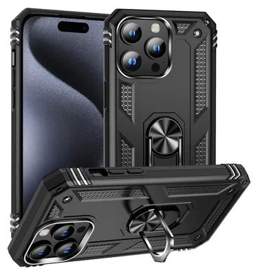 A black protective phone case with a ring holder is shown from multiple angles, with a blurred smartphone in the background.