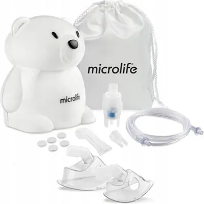 A white nebulizer shaped like a teddy bear, along with its accessories and a storage bag, is displayed against a white background.
