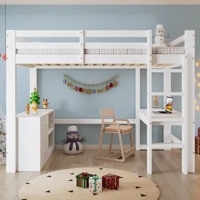 Productafbeelding van Hoogslaper 90x200 cm, wit, gemaakt van grenen en MDF, met bureau, ladekast en opbergplanken voor de kinderkamer