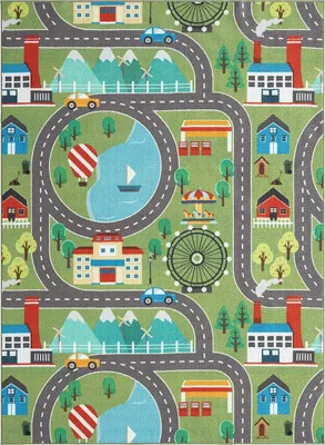 A colorful, cartoon-style illustration of a town with roads, houses, factories, a lake, a Ferris wheel, and a carousel.