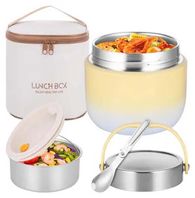 Thermobehälter 1200 ml, doppelwandig, Edelstahl, gelb, mit Löffel & Kühltasche