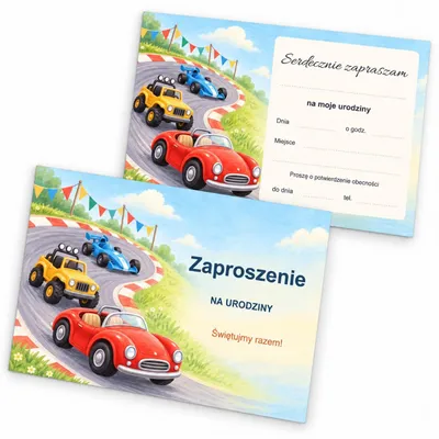 Produktbild von Einladungskarte – „Kolorowe Samochodziki Na Torze” – polnischer Text