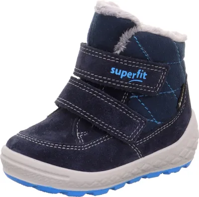 A single blue child's boot is shown against a white background.