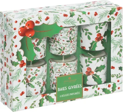 Produktbild von Set aus 6 duftkerzen 40 g mit glasbehälter mit stechpalmendruck - Feeric Lights & Christmas
