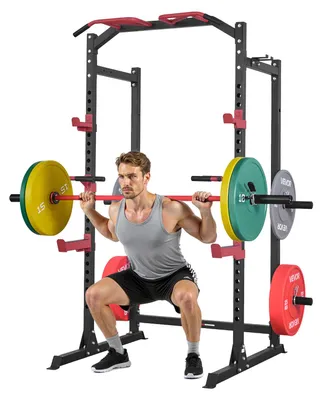 Produktbild von VEVOR Power Cage Power Rack, multifunktionale Langhantel-Squat-Rack mit verstellbarer Höhe, Heimfitness-Stärketraining Workout-Ausrüstung mit J-Haken und weiteren Fitness-Zubehör für Bankdrücken, Klimmzüge, Dips, Multifunktional, Mit Beinen
