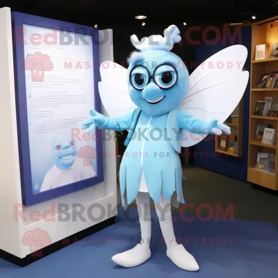 Zdjęcie produktu dla Błękitna REDBROKOLY Wróżka Zębowa postać w kostiumie maskotki ubrana w koszulkę Henley i okulary do czytania