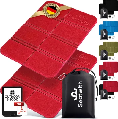Produktbild von 2er Set Outdoor Sitzmatte/Faltbares Iso-Thermo-Sitzkissen mit Tragetasche und Karabinerhacken für ideale Befestigung am Rucksack maximaler Schutz vor Kälte Nässe & Schmutz + Outdoor E-Book