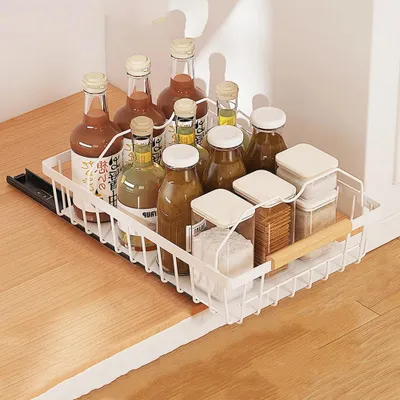 Produktbild von Ausziehbarer Schrank-Organizer - Schiebbarer Metall-Drahtkorb - Ohne Bohren - 2 Stangen - Für Küchen-/Badeschränke - 1 Stück - Weiß