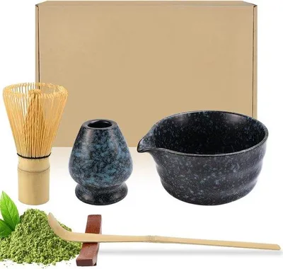 Productafbeelding van Matcha-set, 5-delig, inclusief matcha-kwast, matcha-lepel, matcha-kom met uitloop, matcha-zeef, keramische matcha-theeset (zwart met...)