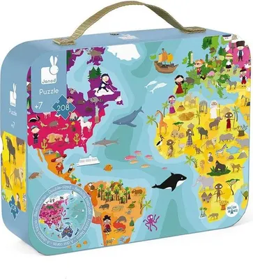 Obrázok produktu pre Janod Puzzle Case Mapa sveta 208 dielikov Obojstranná "Naša planéta