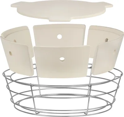 A disassembled ceramic cooking system for a kettle grill, shown with a wire rack.