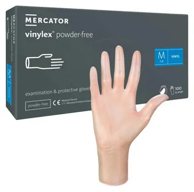 Zdjęcie produktu dla Rękawiczki winylowe Mercator transparentny 100 szt. rozmiar M jednorazowe ochronne