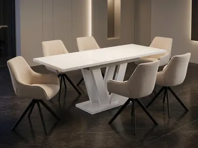 Produktbild von ENDO-Möbel Essgruppe "Lara White" - Esstisch ausziehbar 130-210cm in Kaschmir Beige für 6 Personen mit Stühlen in Leinen-Beige