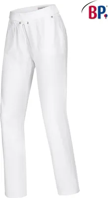 A pair of white women's trousers is shown against a white background.