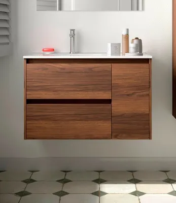 Image de Salgar Noja Meuble bas 850 2 tiroirs 1 porte à droite + vasque noyer