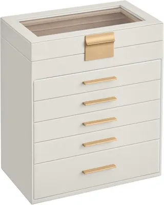 Productafbeelding van Sieradendoos met glazen deksel - Juwelenkistje 6 lagen met 5 lades - Wit en goud - Fluwelen bekleding