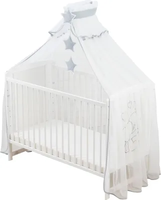 Produktbild von Babybett Betthimmel und Moskitonetz Traumnacht in fantastischen Farben Waschmaschinenfest inkl. Halterung und Accessoires 480x165cm Grau