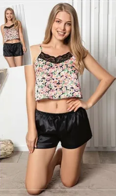 Produktbild von Damen Pyjama Satin Schwarz M Shorty Kurz Schlafanzug 2 Teiler C-94